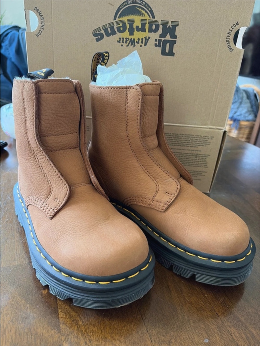 Dr. Martens Women's Tan Zebzag Platform Chelsea Boots with Yellow Stitching